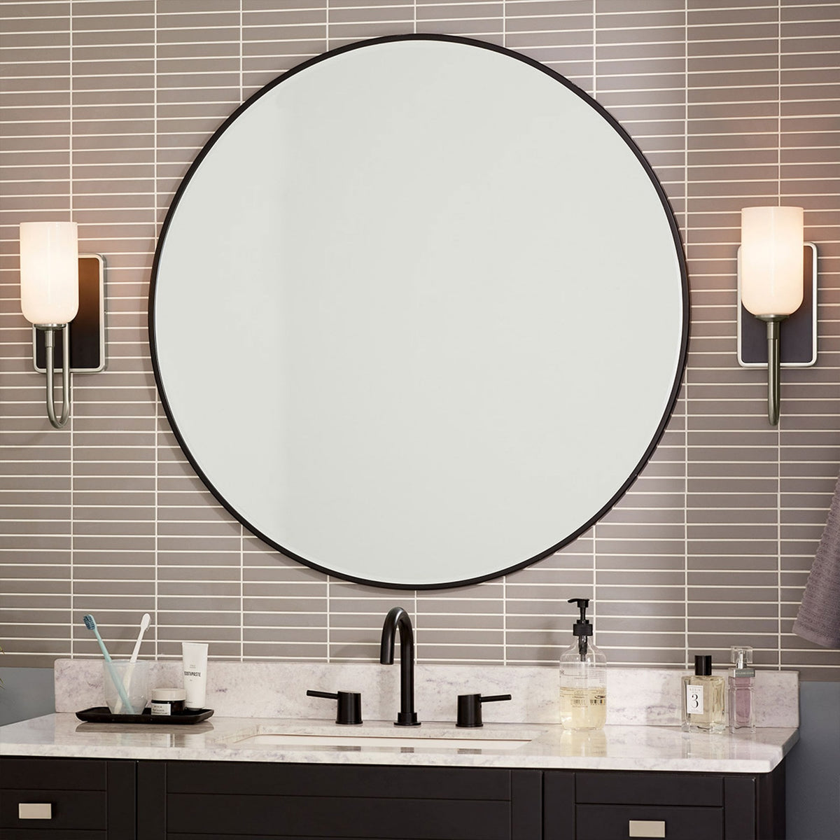Solia Single IP44 Wall Light in Brushed Nickel with Black Accent and White Opal Glass Diffuser