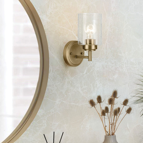 Winslow Single Arm Wall Light in Natural Brass with Clear Seeded Glass