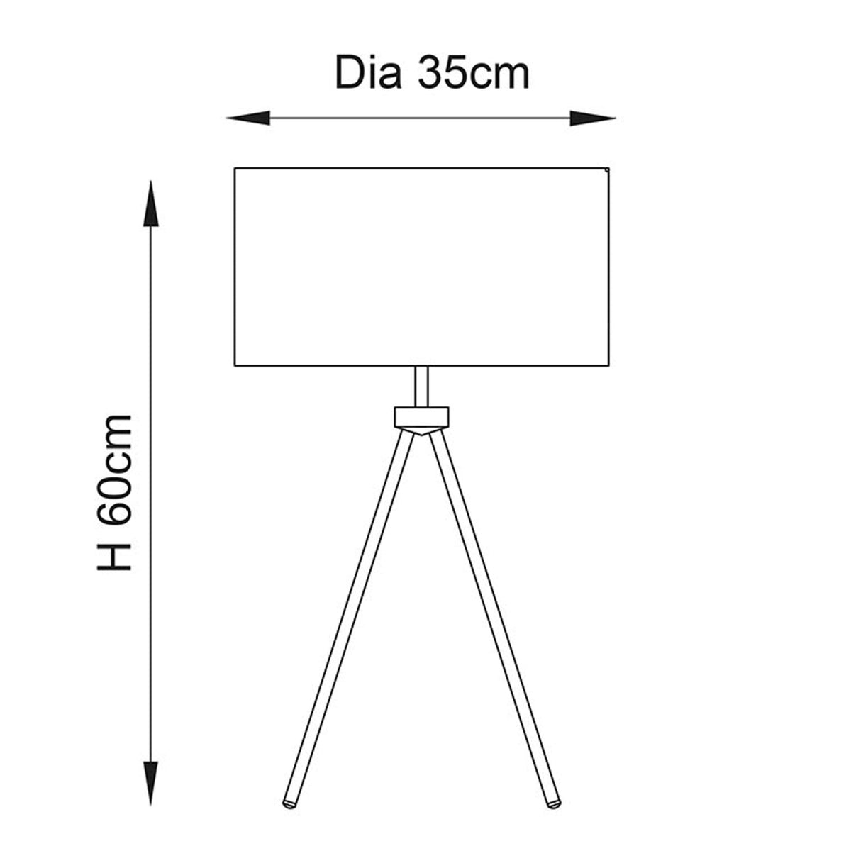 Line drawing of a tripod table lamp with height 60cm and shade diameter 35cm.