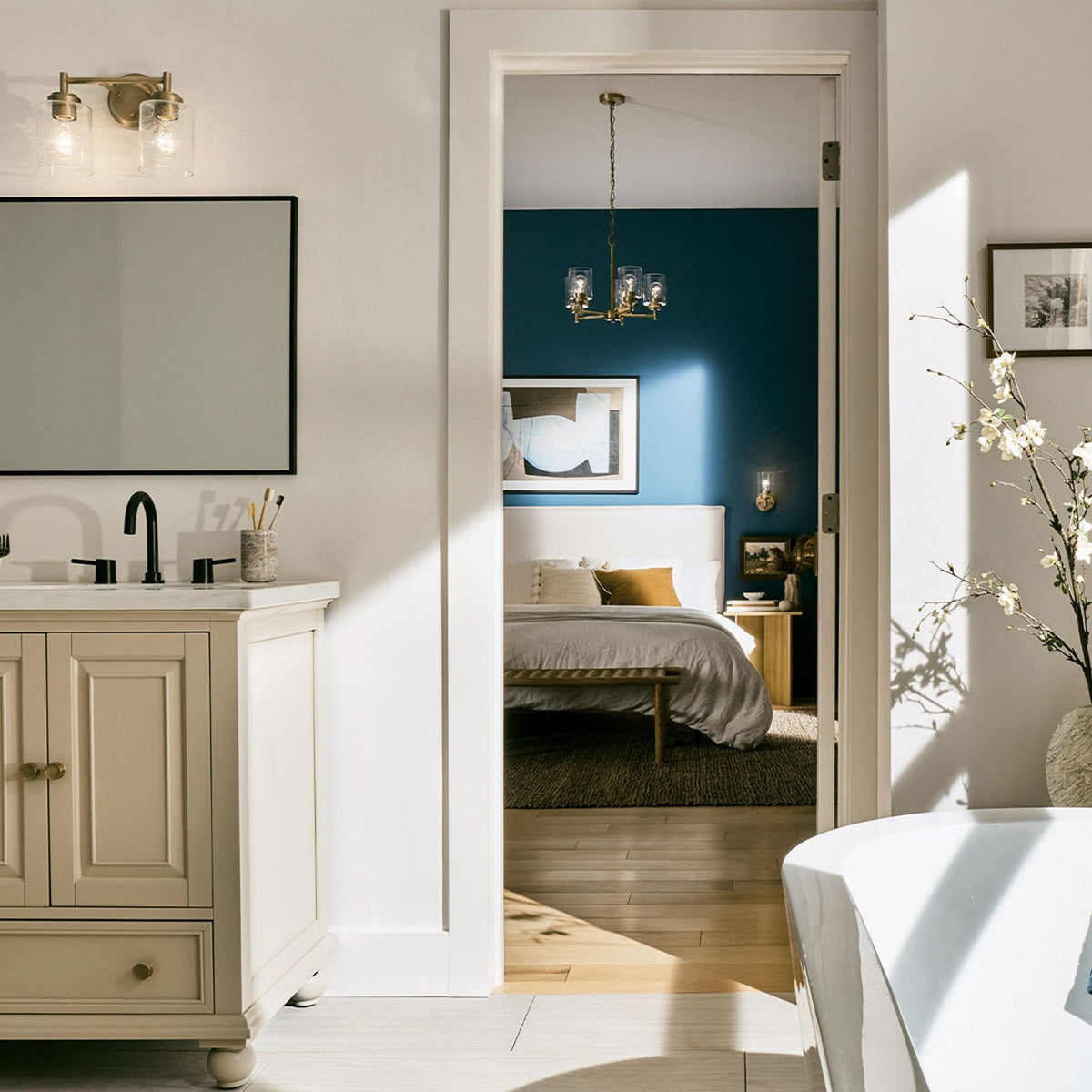 Winslow Twin Arm Wall Light in Natural Brass with Clear Seeded Glass