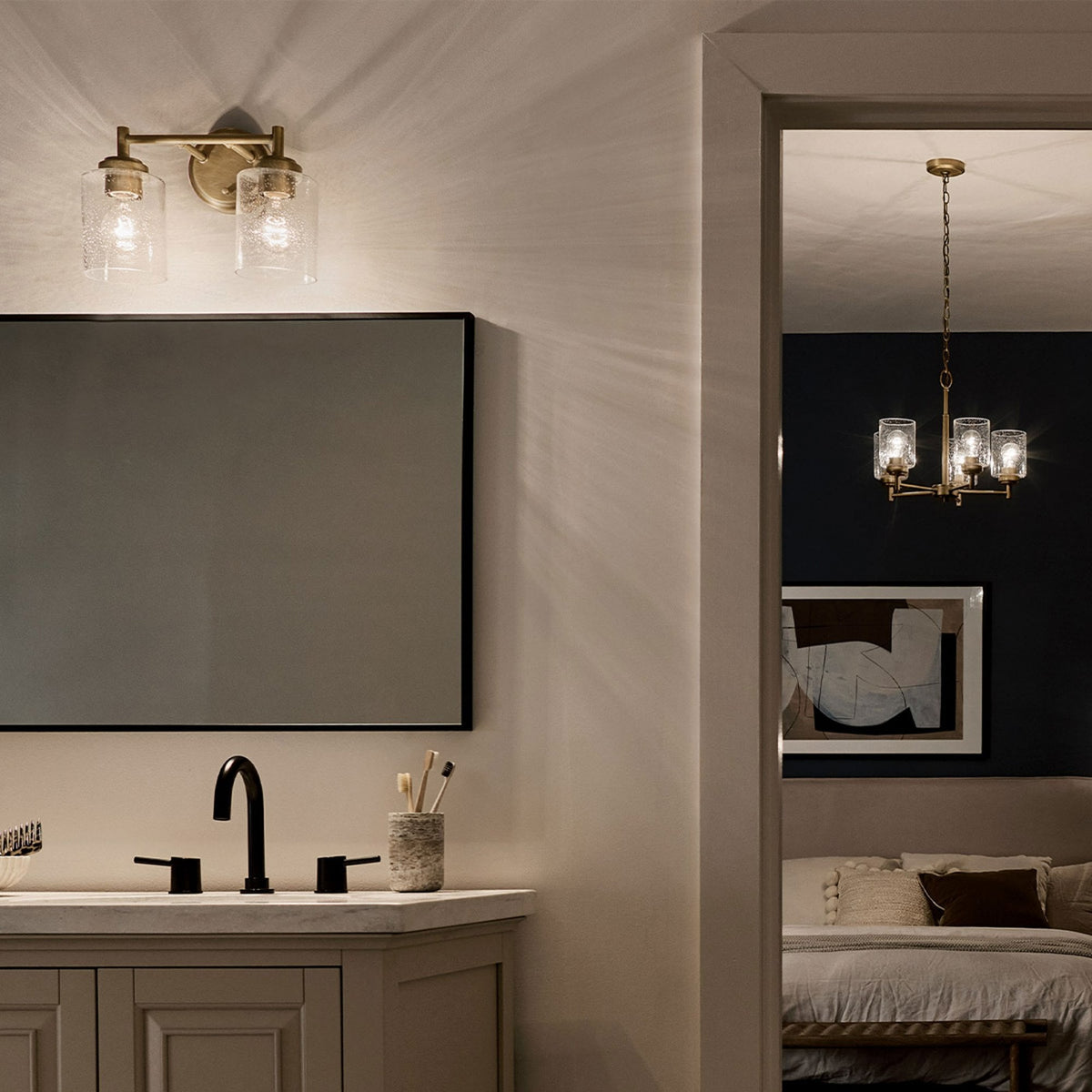 Winslow Twin Arm Wall Light in Natural Brass with Clear Seeded Glass