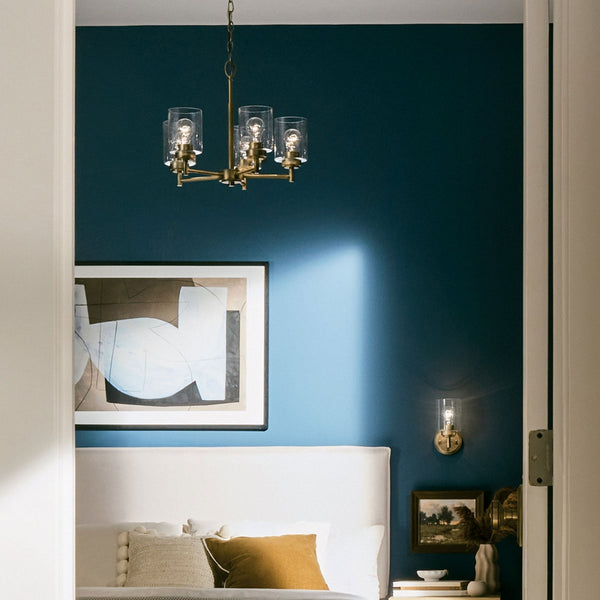 Winslow Five Arm Single Drop Pendant in Natural Brass with Clear Seeded Glass