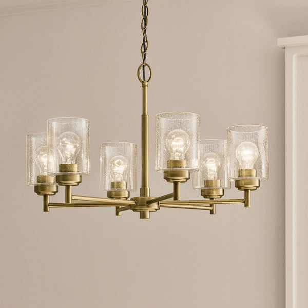 Winslow Six Arm Single Drop Pendant in Natural Brass with Clear Seeded Glass