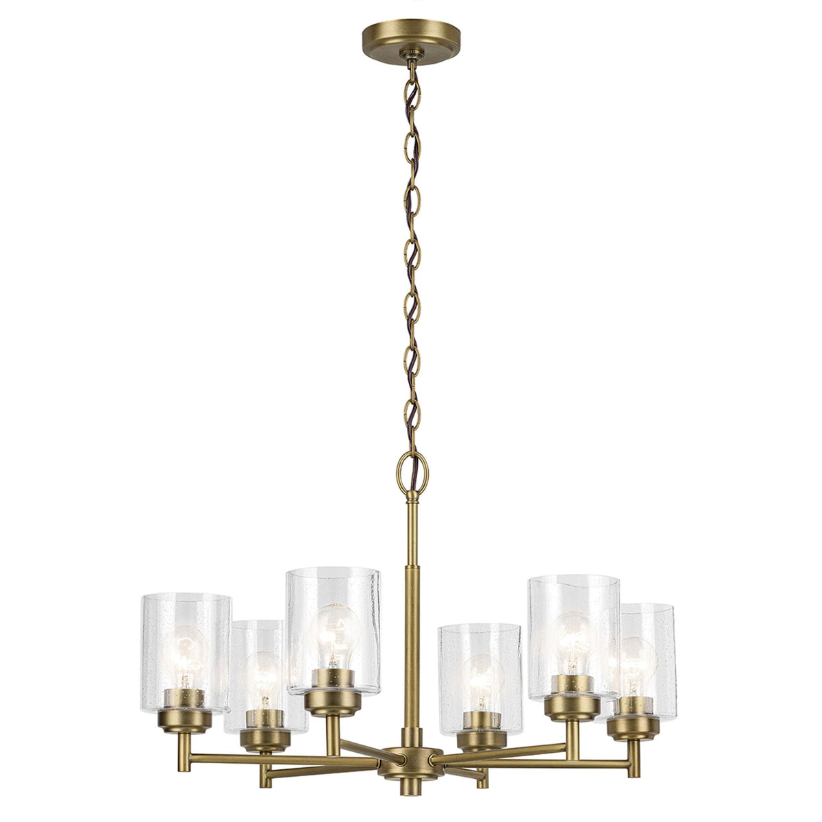 Winslow Six Arm Single Drop Pendant in Natural Brass with Clear Seeded Glass