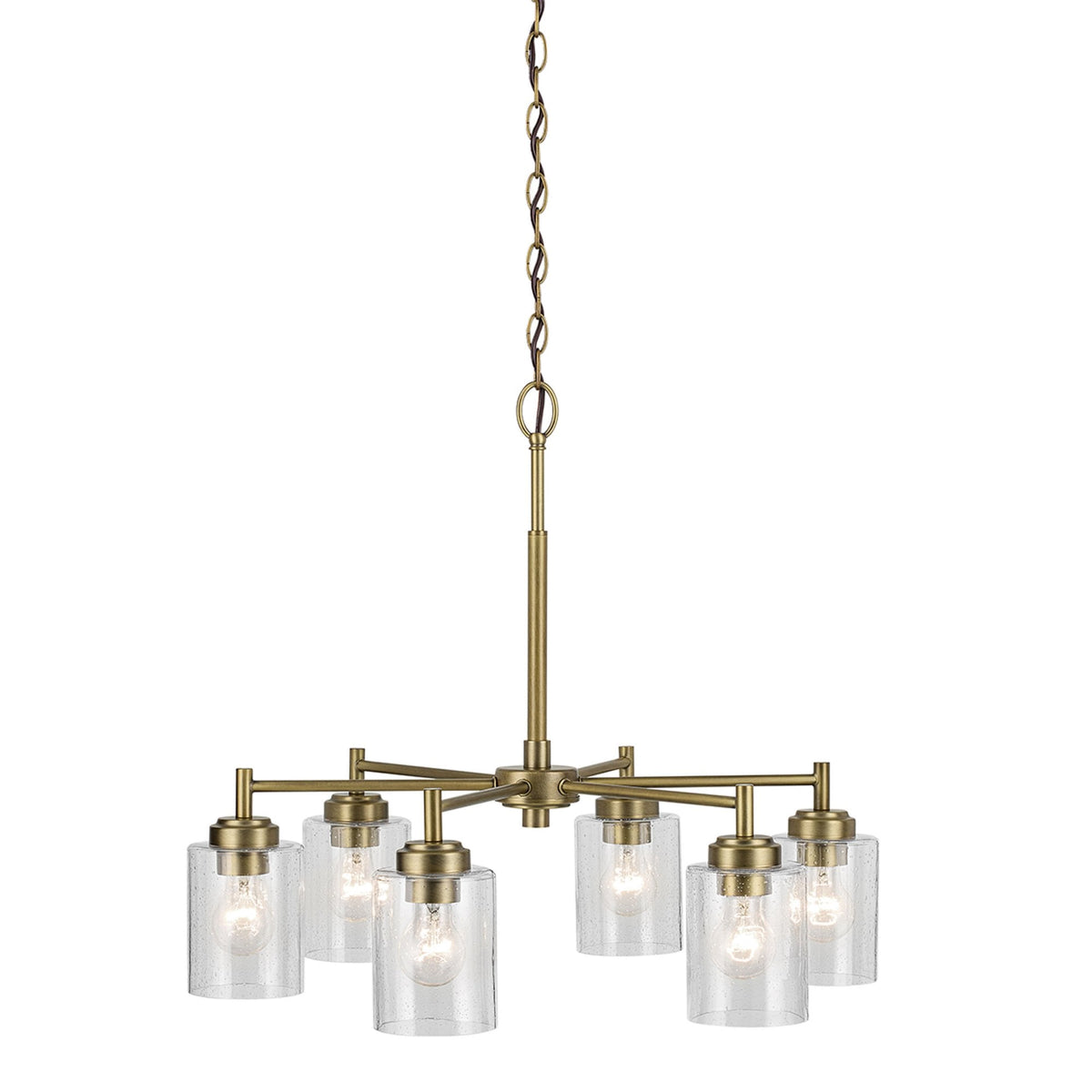 Winslow Six Arm Single Drop Pendant in Natural Brass with Clear Seeded Glass