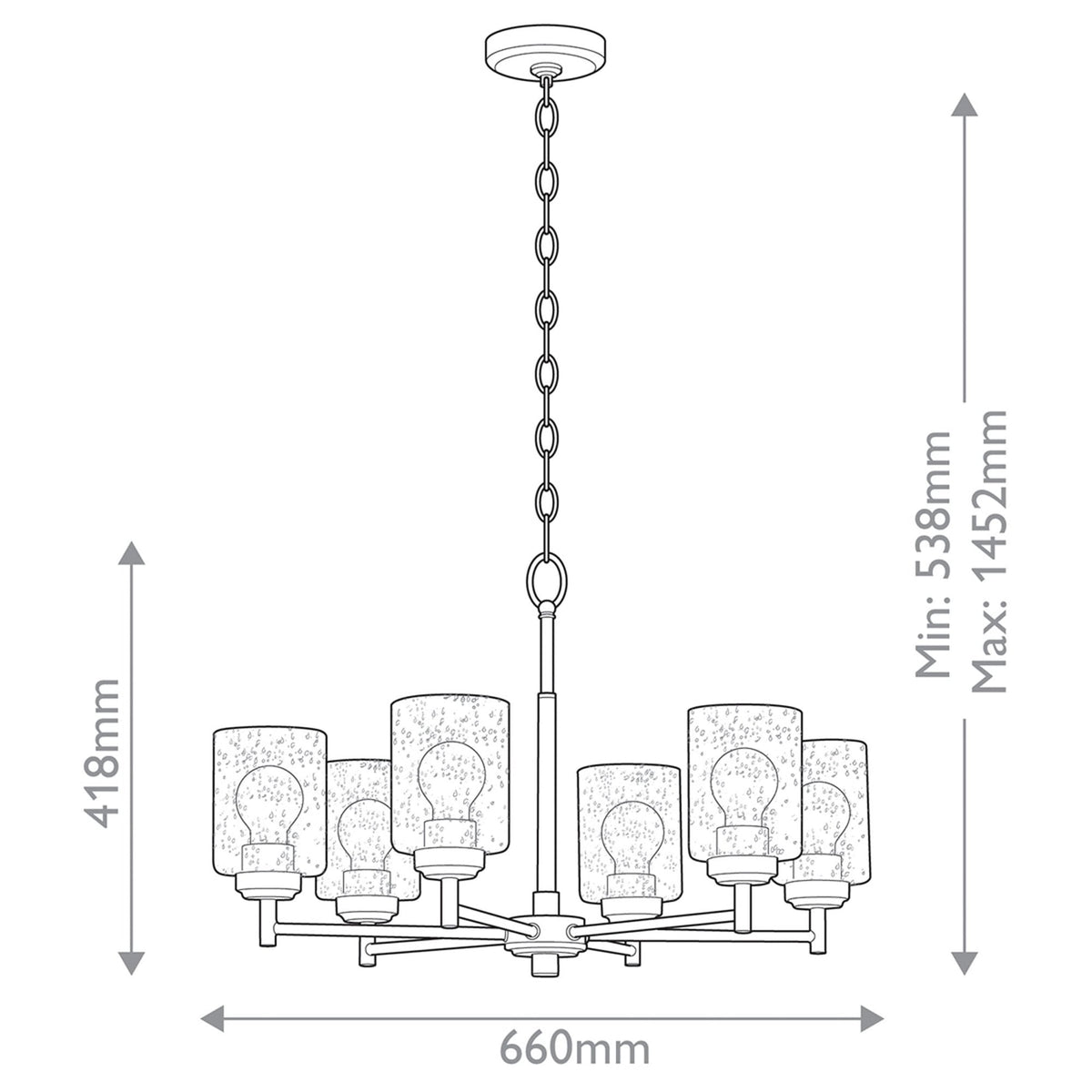 Winslow Six Arm Single Drop Pendant in Natural Brass with Clear Seeded Glass