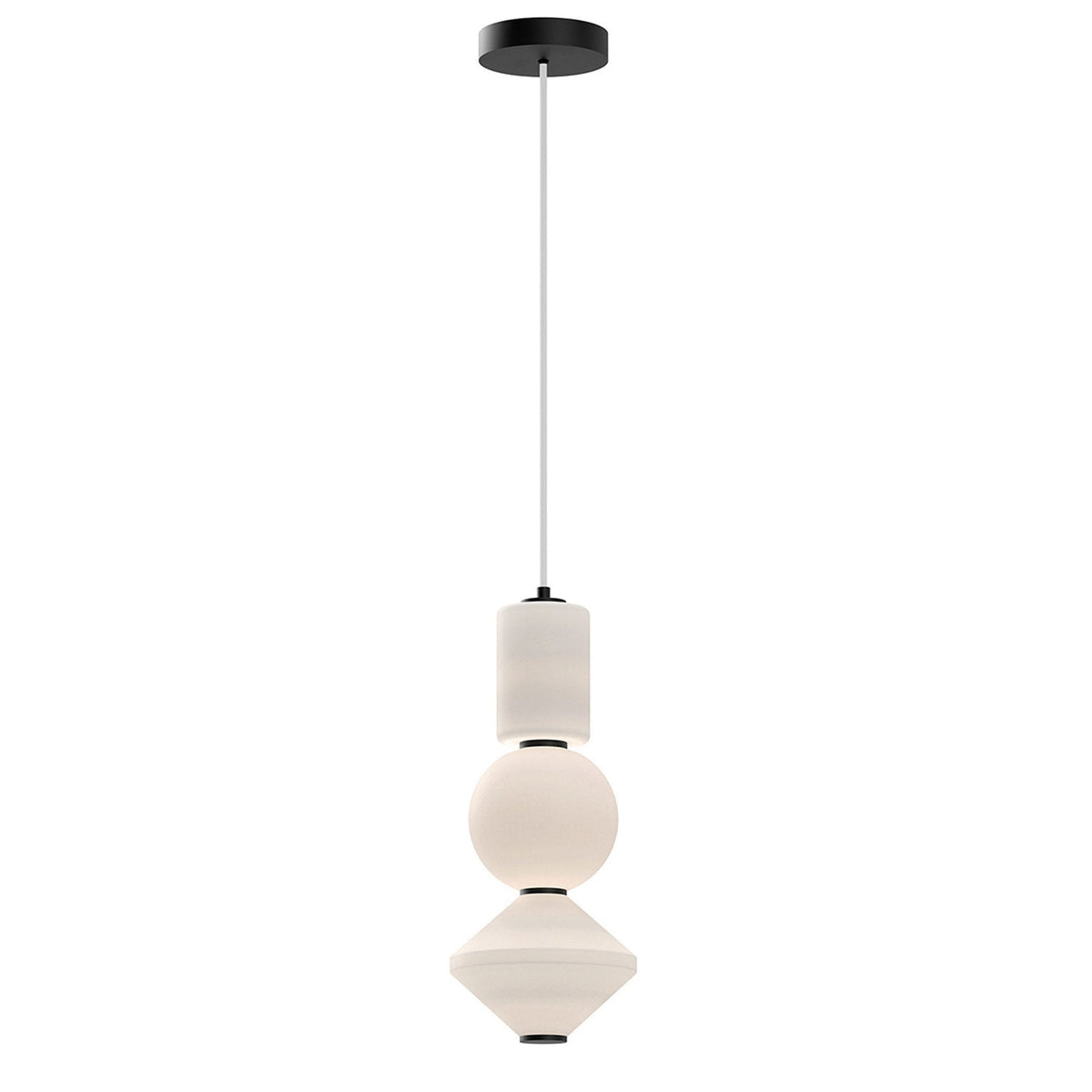 A modern pendant light with white cylindrical, spherical, and conical shades.