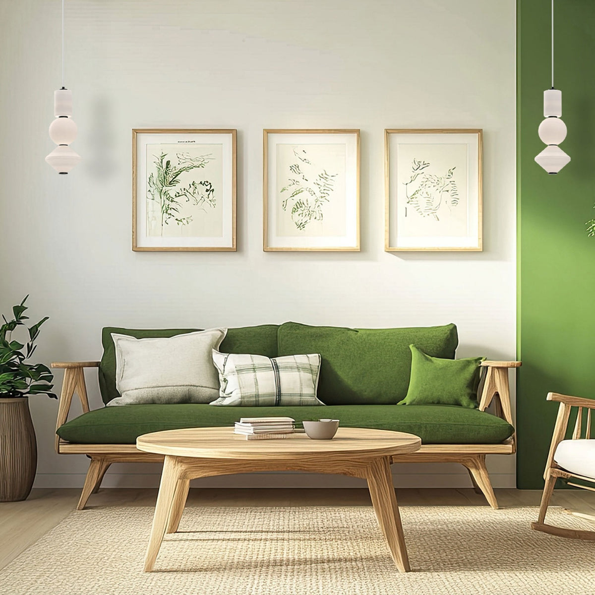 A pendant light in a living room with a green sofa, wooden furniture, and botanical prints.