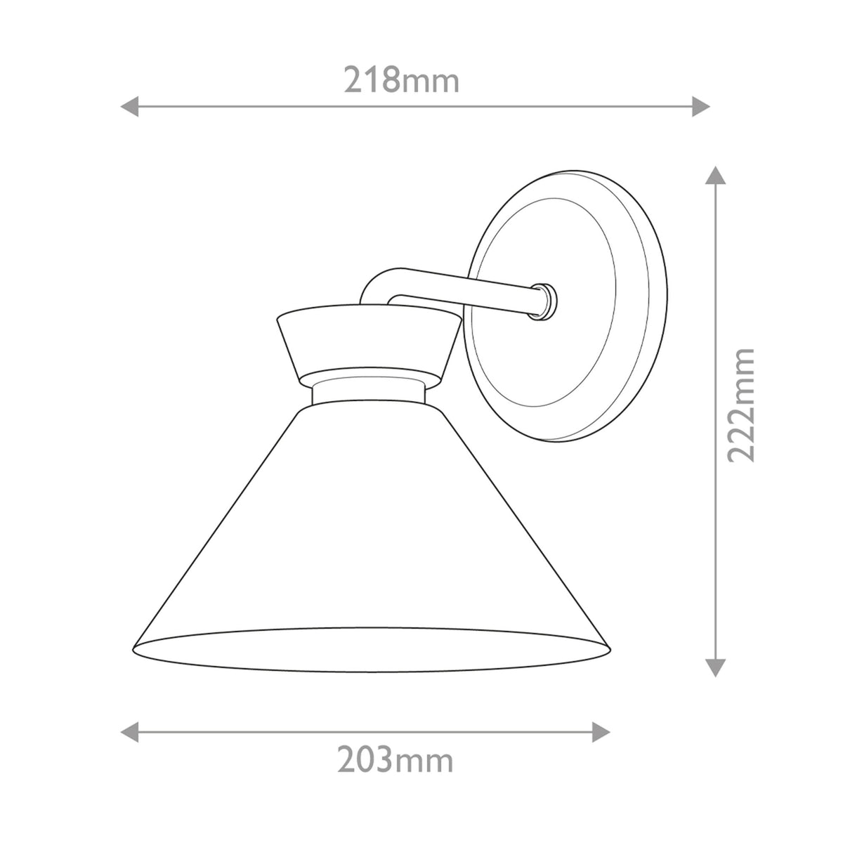 Line drawing of the wall light with dimensions: 218mm width, 222mm height, 203mm depth.