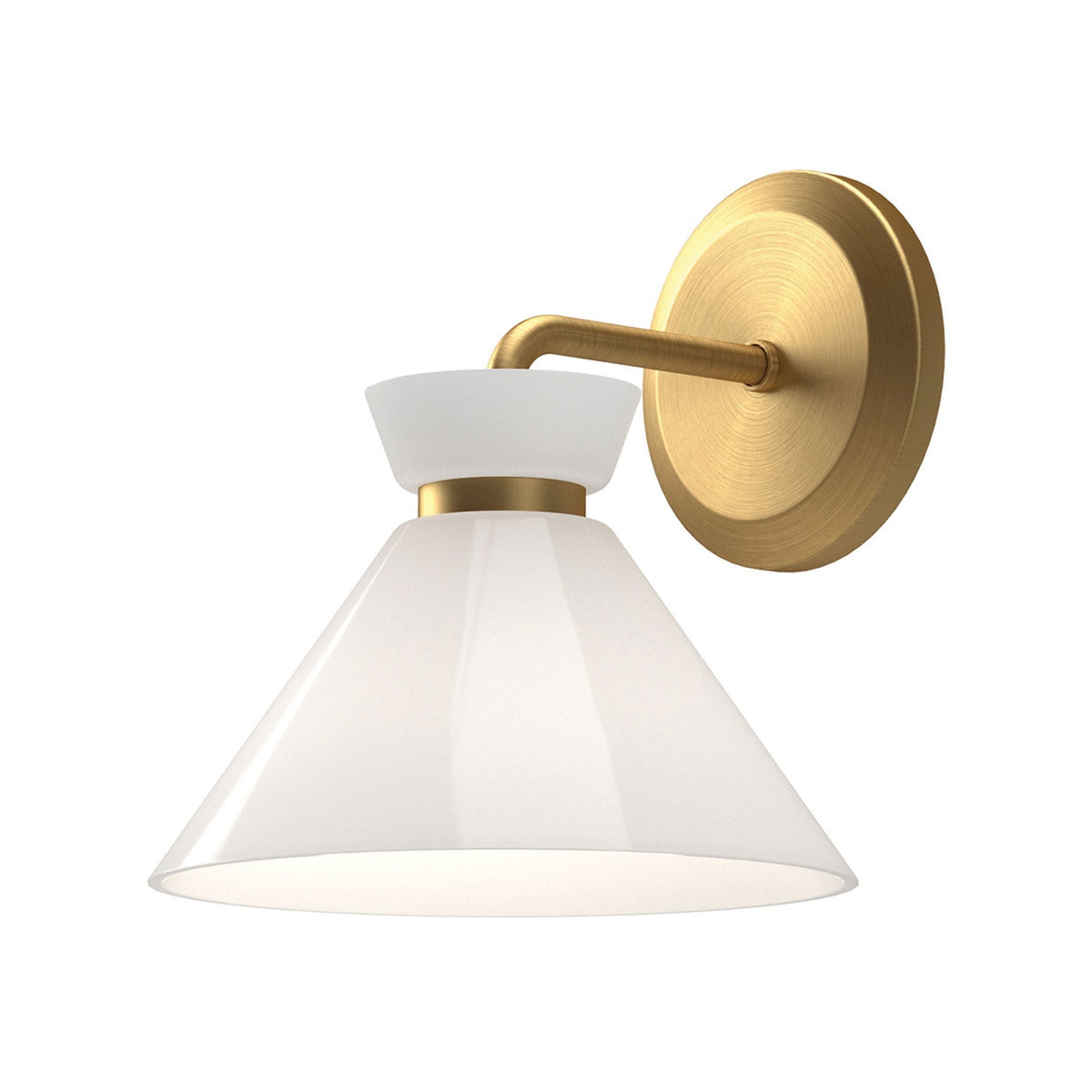 A brass wall light with a white conical shade on a white background.