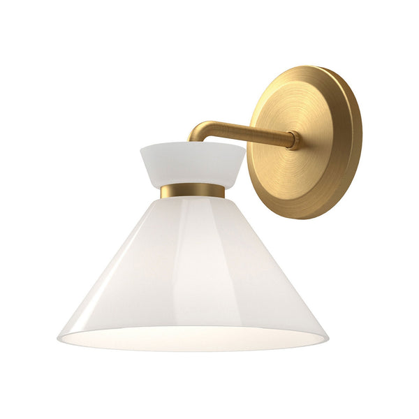 A brass wall light with a white conical shade on a white background.