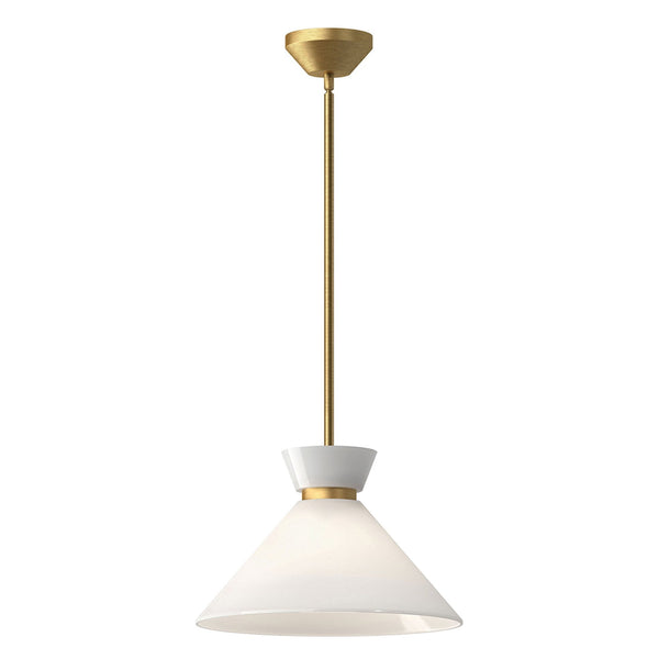 A cone-shaped pendant light with a white shade and brass rod on a white background.