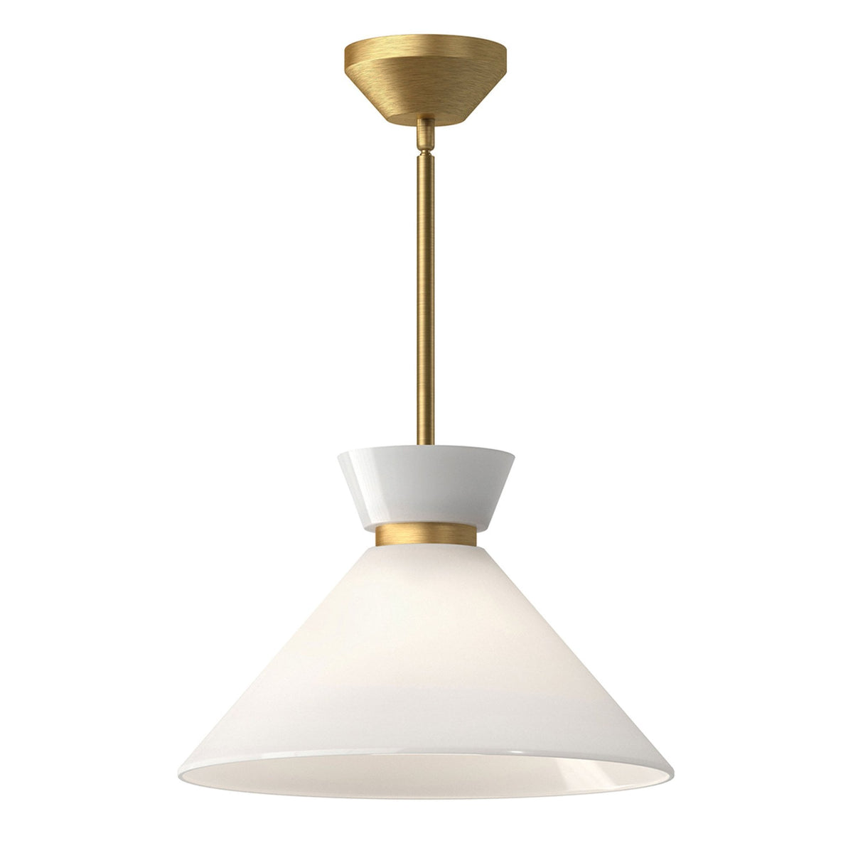 A cone-shaped pendant light with a white shade and brass rod.