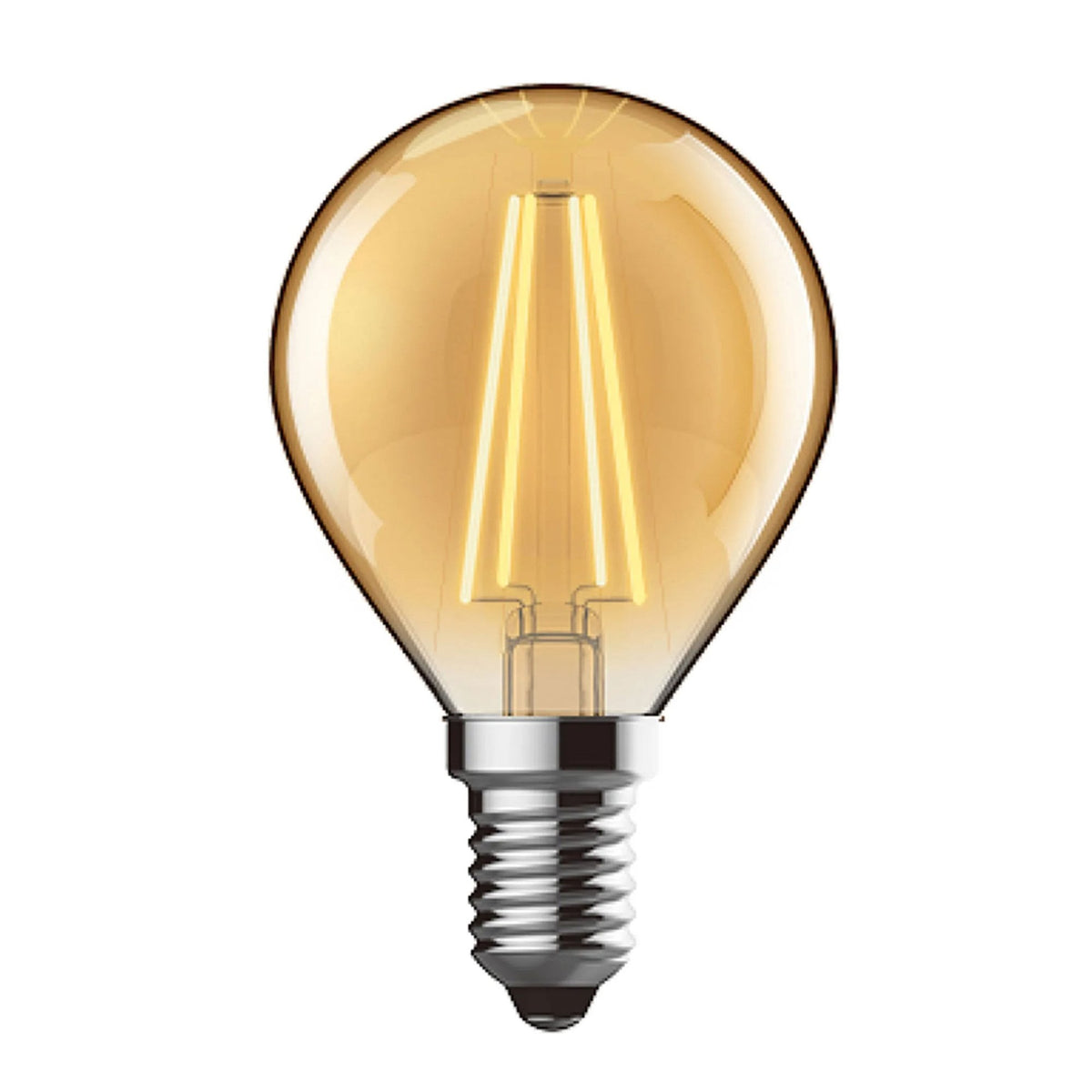 A P45 E14 LED filament bulb on a white background, glowing with a warm amber light.