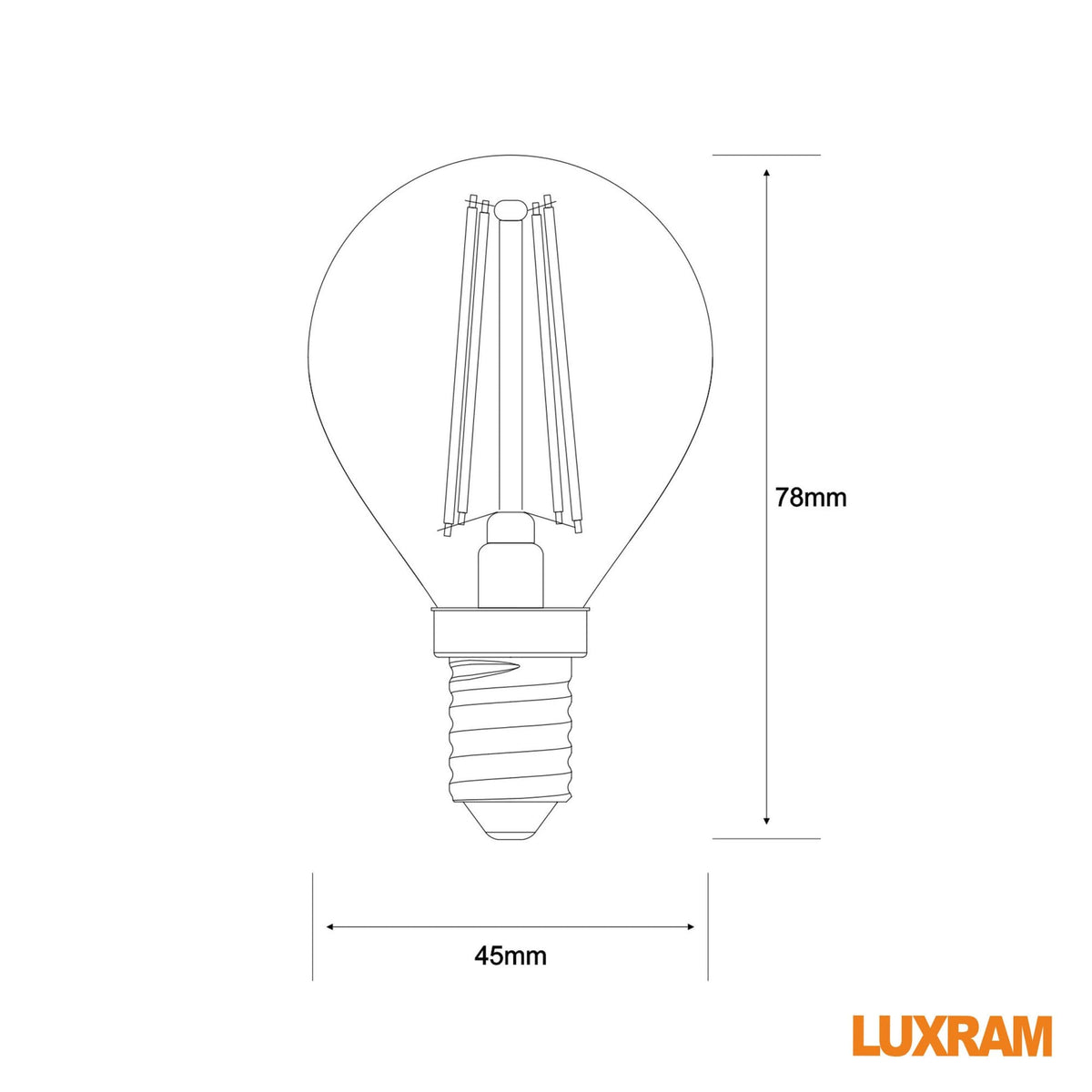 A diagram of a P45 E14 LED filament bulb, showing a height of 78mm and width of 45mm.