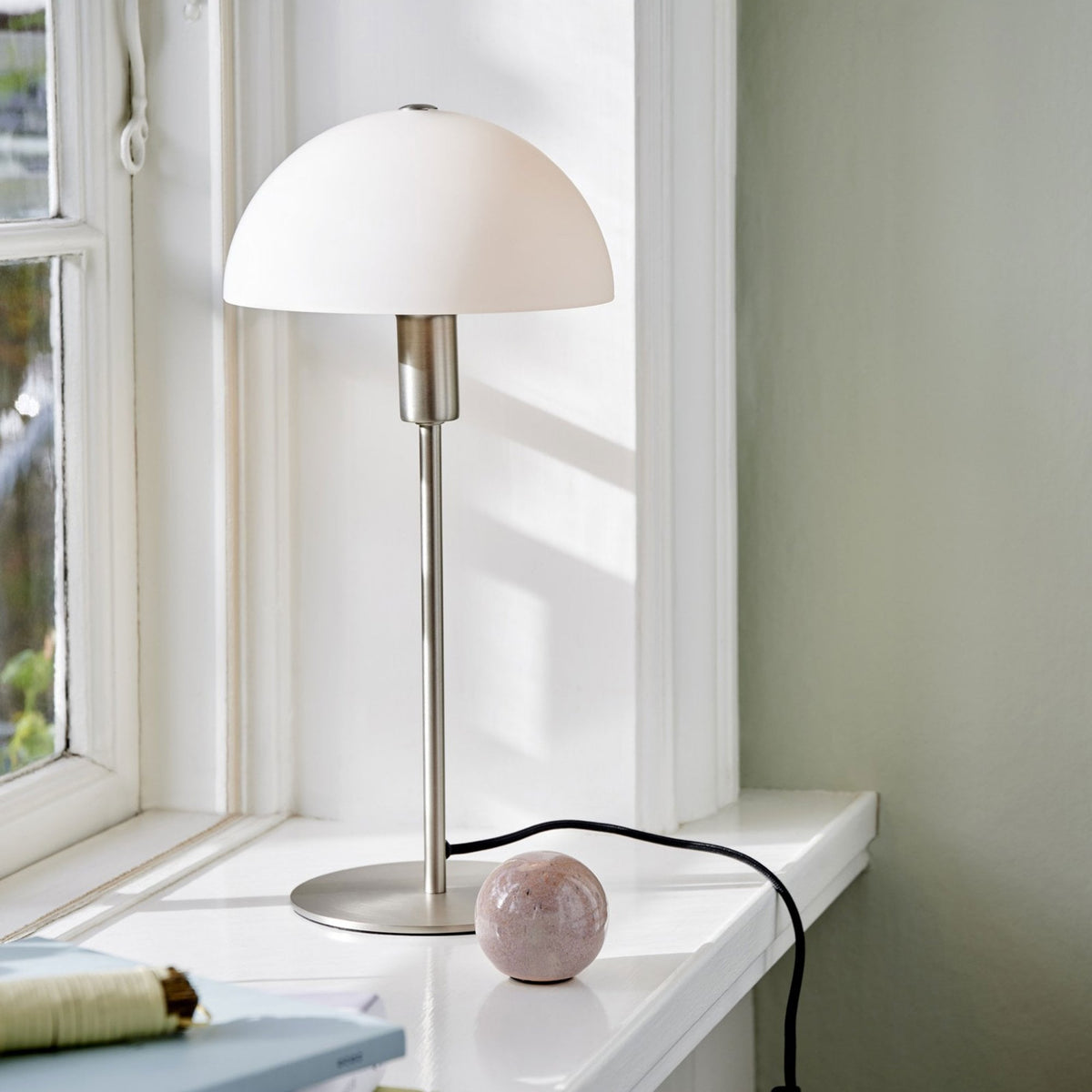 Ellen 20 Table Lamp in Brushed Steel with Opal Glass Shade