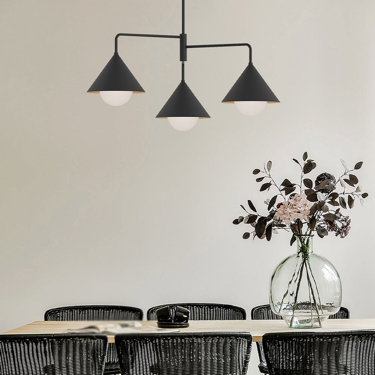 Remyck Three Arm Pendant Chandelier in Matte Black with Opal Glass Diffusers