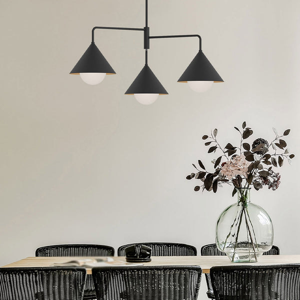 Remyck Three Arm Pendant Chandelier in Matte Black with Opal Glass Diffusers