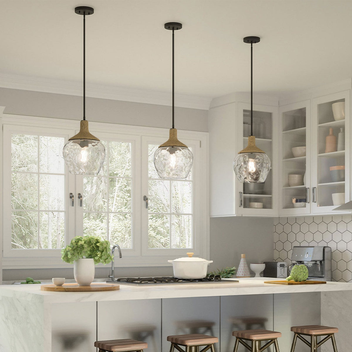 Royer Single Drop Pendant in Matte Black with Natural Rope Detail and Clear Mottled Glass Shade