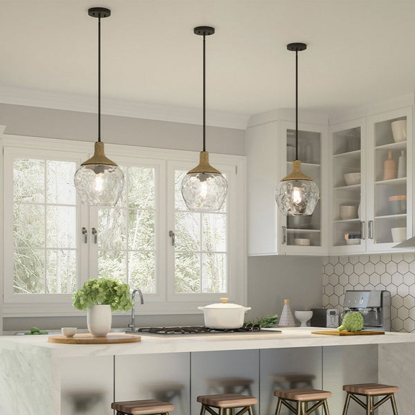 Royer Single Drop Pendant in Matte Black with Natural Rope Detail and Clear Mottled Glass Shade