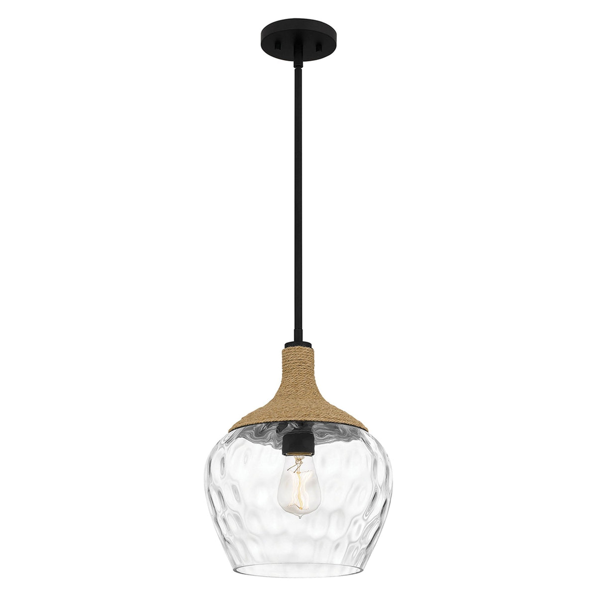 Royer Single Drop Pendant in Matte Black with Natural Rope Detail and Clear Mottled Glass Shade