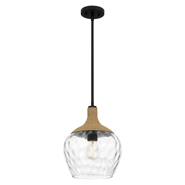Royer Single Drop Pendant in Matte Black with Natural Rope Detail and Clear Mottled Glass Shade