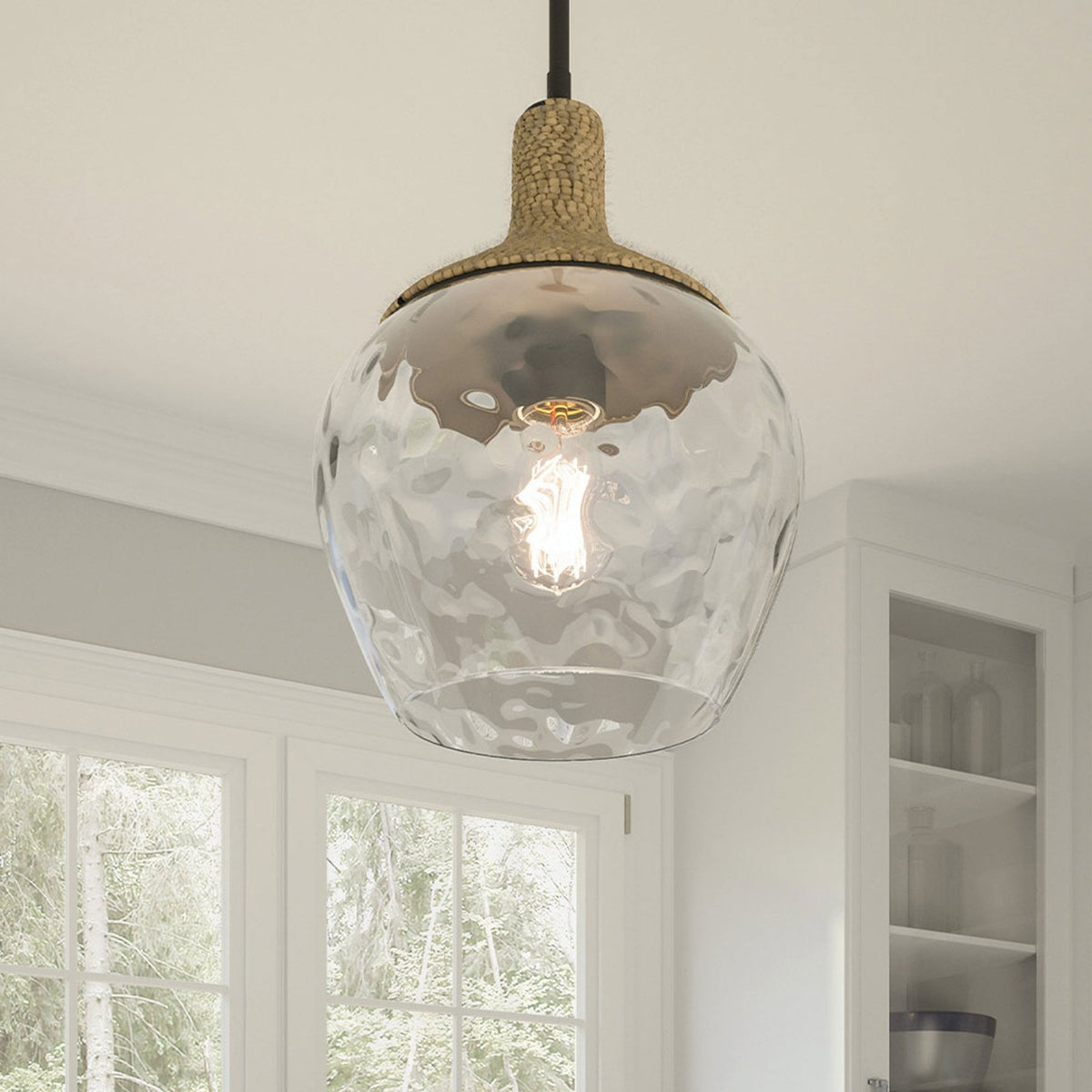 Royer Single Drop Pendant in Matte Black with Natural Rope Detail and Clear Mottled Glass Shade