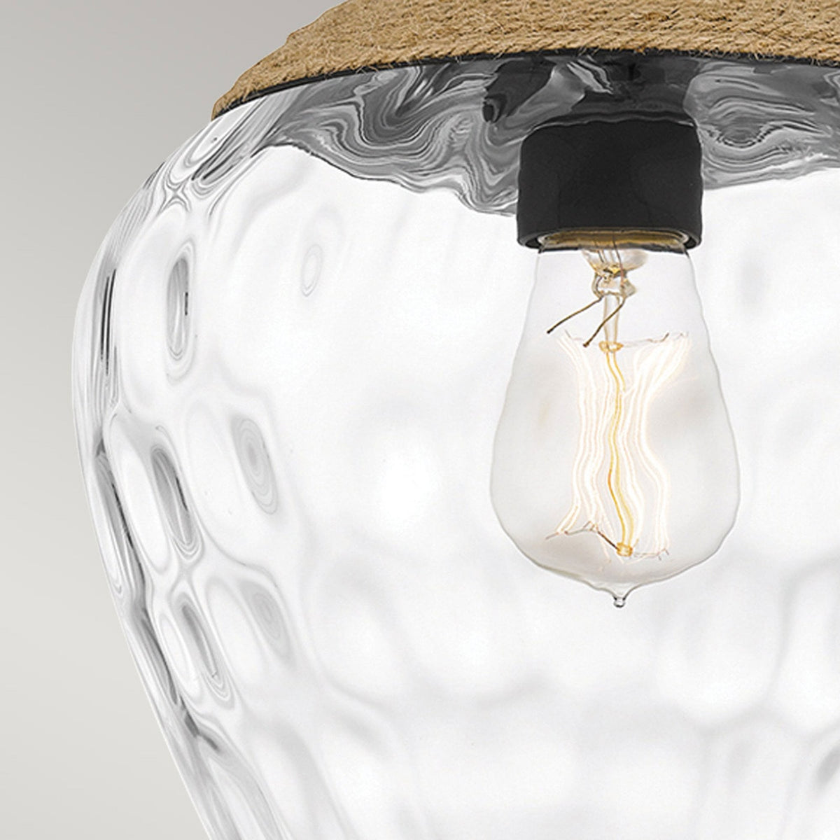 Royer Single Drop Pendant in Matte Black with Natural Rope Detail and Clear Mottled Glass Shade