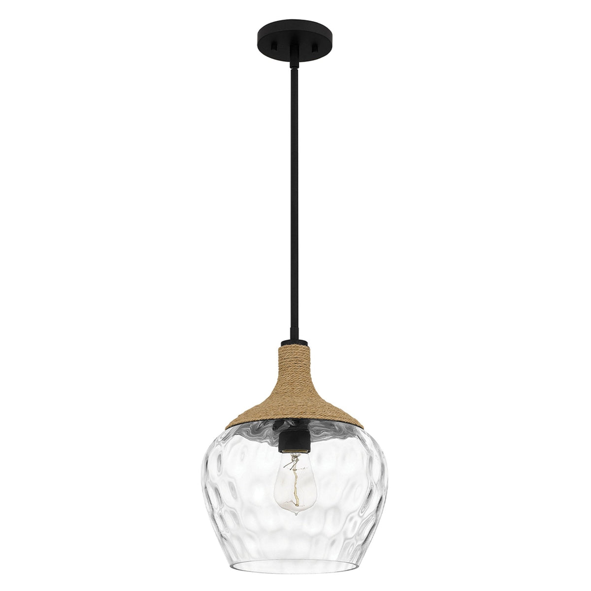 Royer Single Drop Pendant in Matte Black with Natural Rope Detail and Clear Mottled Glass Shade