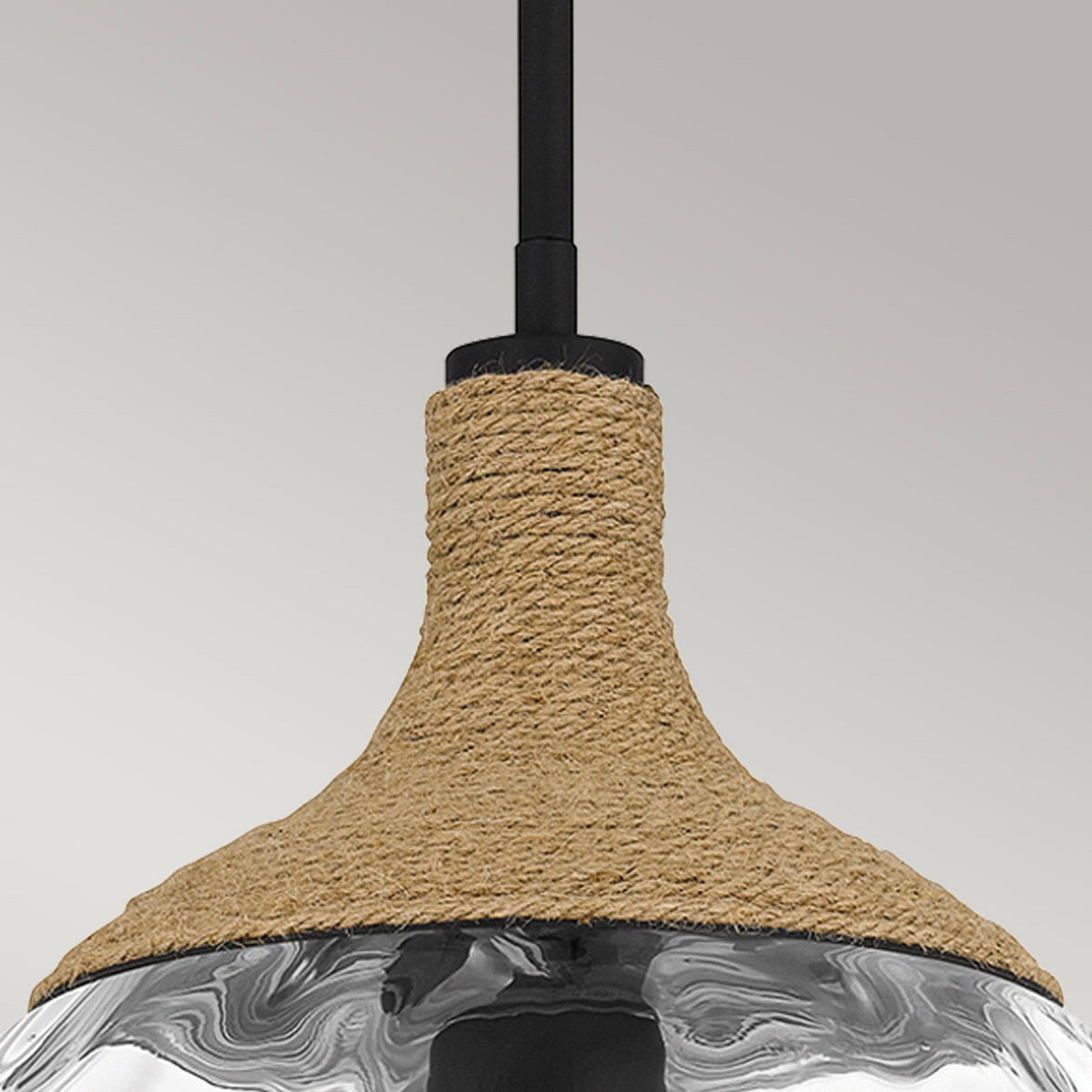 Royer Single Drop Pendant in Matte Black with Natural Rope Detail and Clear Mottled Glass Shade