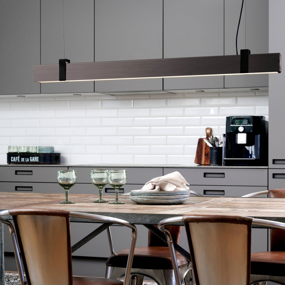 Lilt Linear LED Pendant in Dark Grey Steel with Black Detail