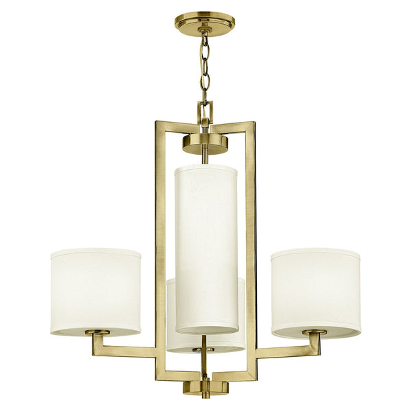 Hampton Chandelier in Brushed Brass with Off White Linen Shades