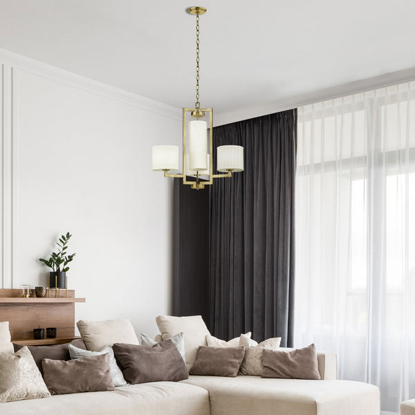 Hampton Chandelier in Brushed Brass with Off White Linen Shades