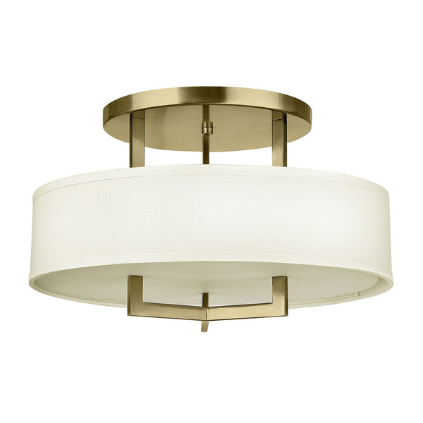 Hampton Semi Flush Ceiling Light in Brushed Brass with Off White Linen Shade
