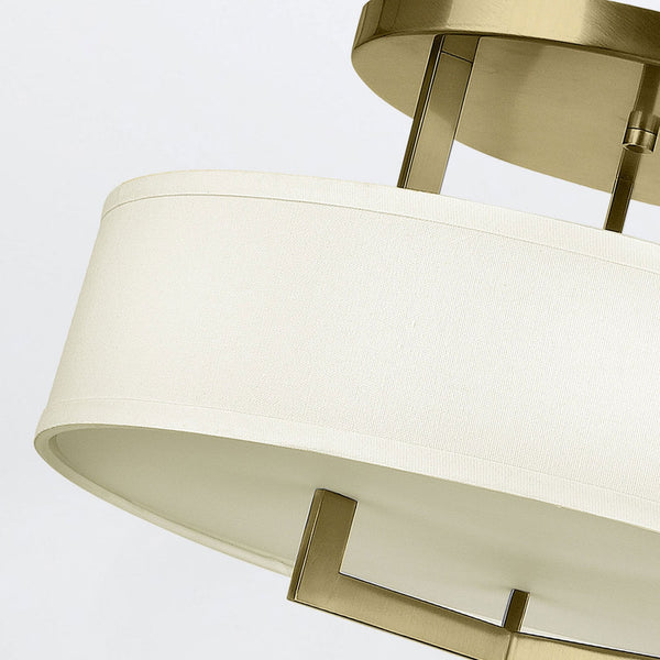 Hampton Semi Flush Ceiling Light in Brushed Brass with Off White Linen Shade