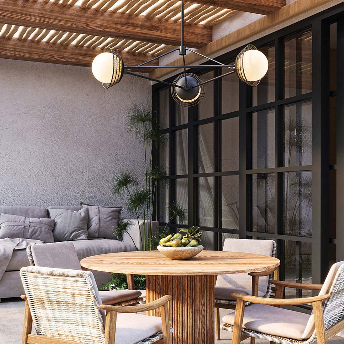 Perth Three Light Chandelier in Matte Black with Opal Glass Diffusers and Rattan Detailing