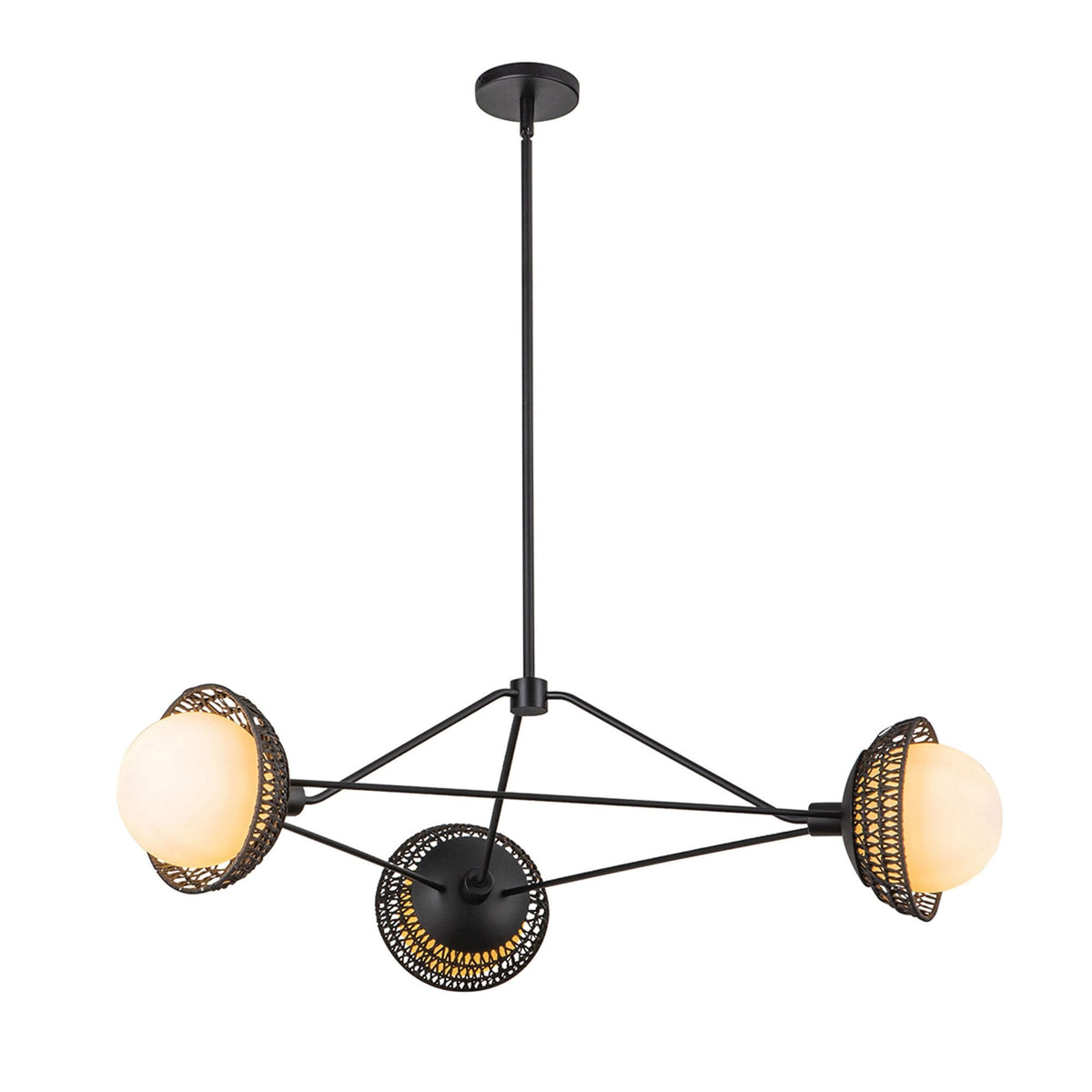 Perth Three Light Chandelier in Matte Black with Opal Glass Diffusers and Rattan Detailing