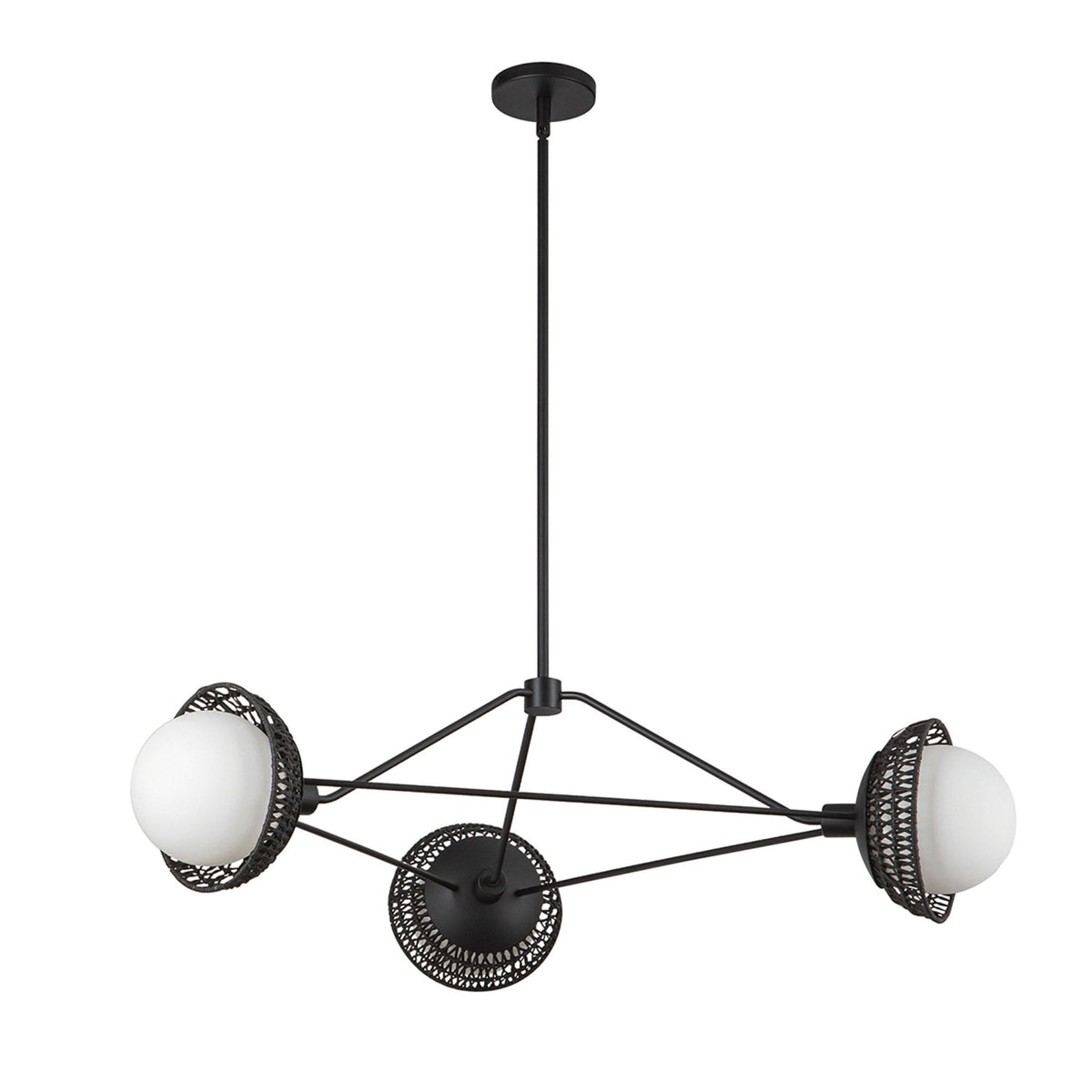 Perth Three Light Chandelier in Matte Black with Opal Glass Diffusers and Rattan Detailing