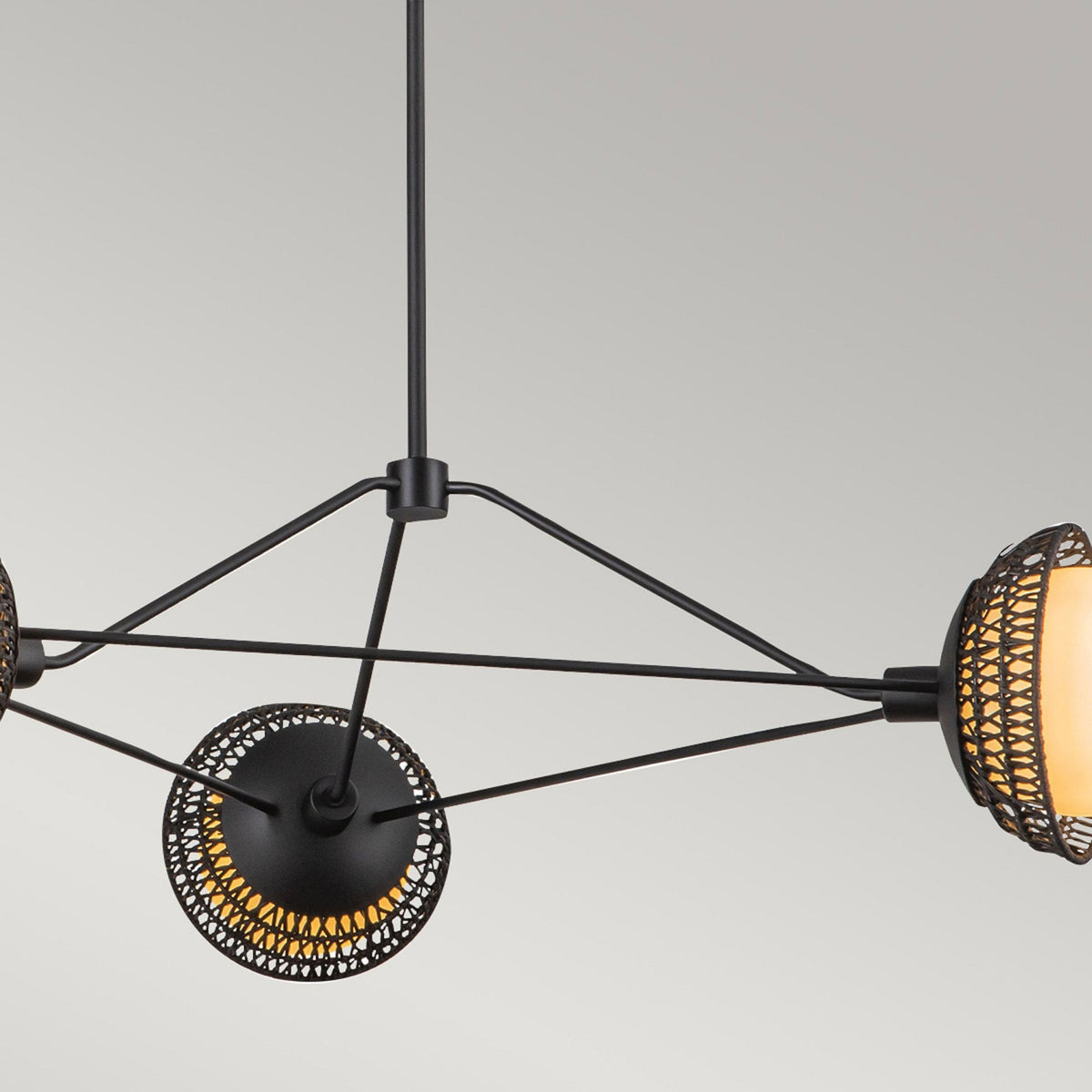 Perth Three Light Chandelier in Matte Black with Opal Glass Diffusers and Rattan Detailing