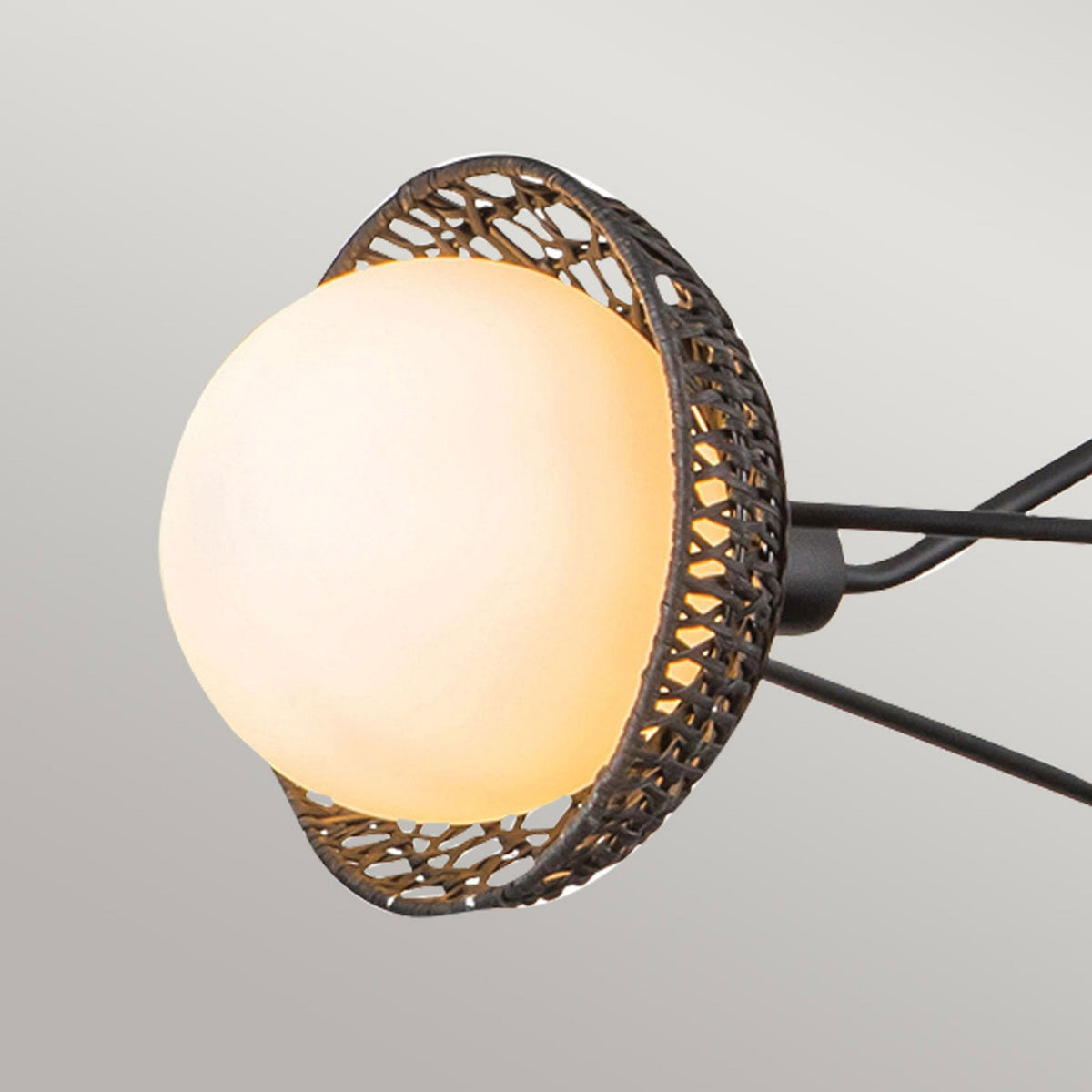Perth Three Light Chandelier in Matte Black with Opal Glass Diffusers and Rattan Detailing