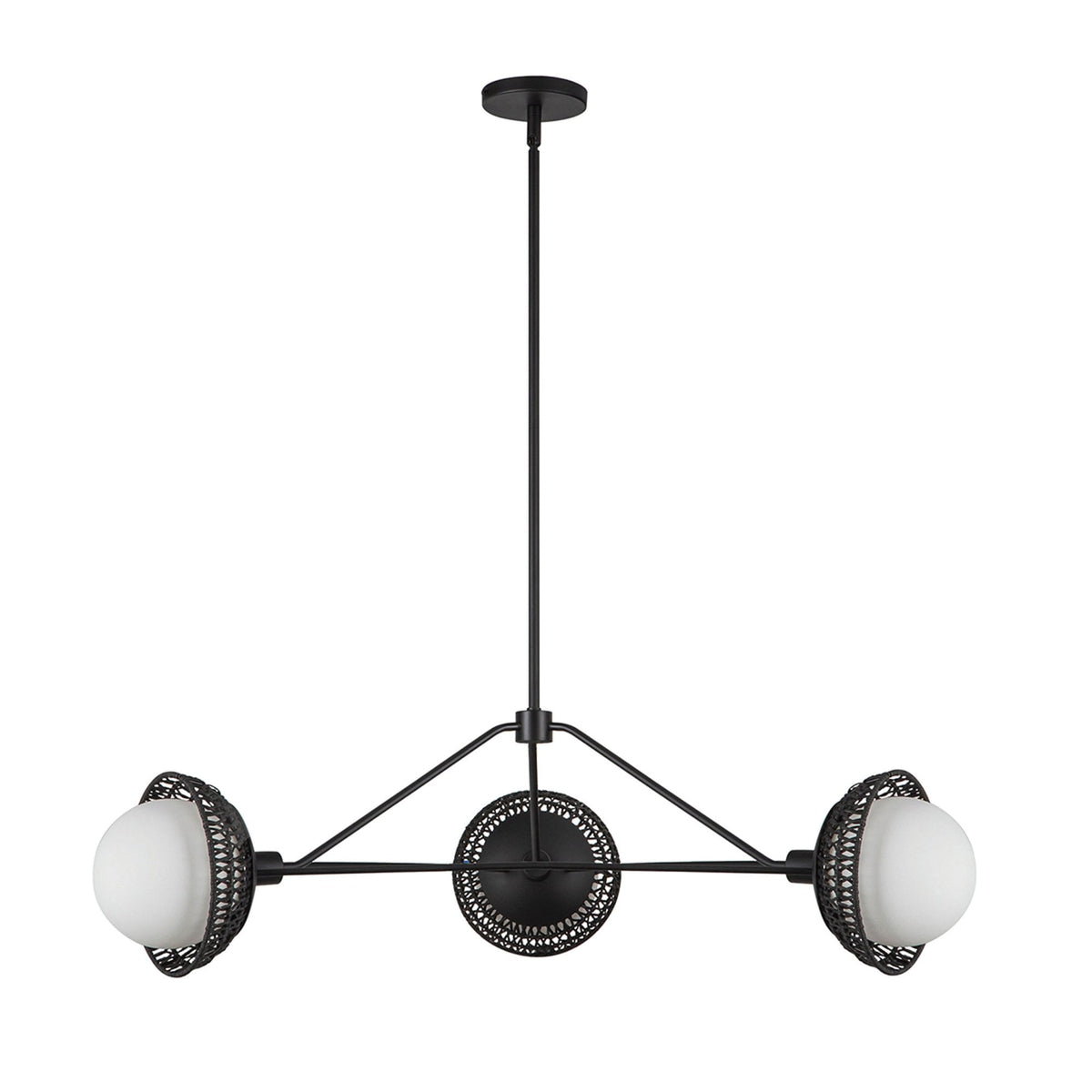 Perth Three Light Chandelier in Matte Black with Opal Glass Diffusers and Rattan Detailing