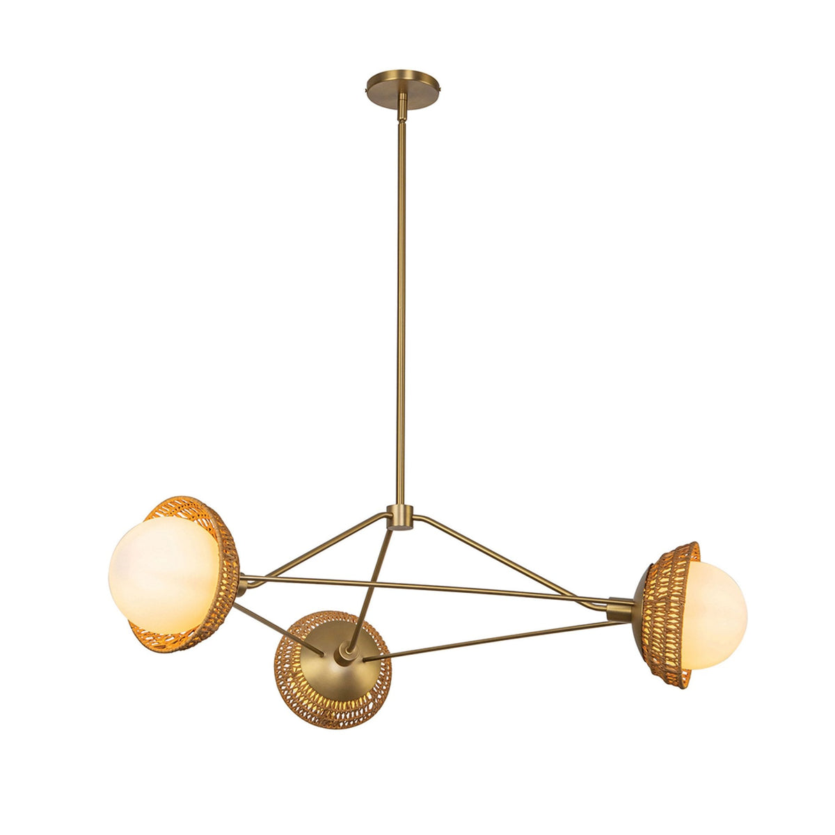 Perth Three Light Chandelier in Brushed Gold with Opal Glass Diffusers and Rattan Detailing