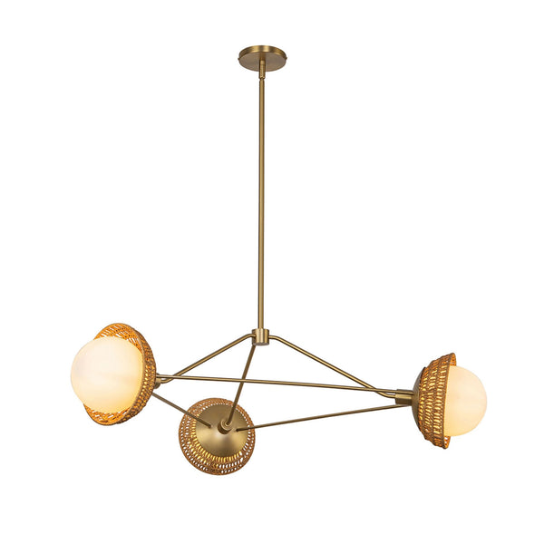 Perth Three Light Chandelier in Brushed Gold with Opal Glass Diffusers and Rattan Detailing