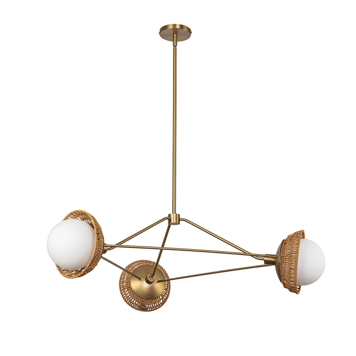 Perth Three Light Chandelier in Brushed Gold with Opal Glass Diffusers and Rattan Detailing
