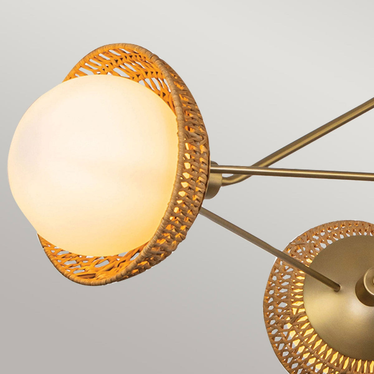 Perth Three Light Chandelier in Brushed Gold with Opal Glass Diffusers and Rattan Detailing