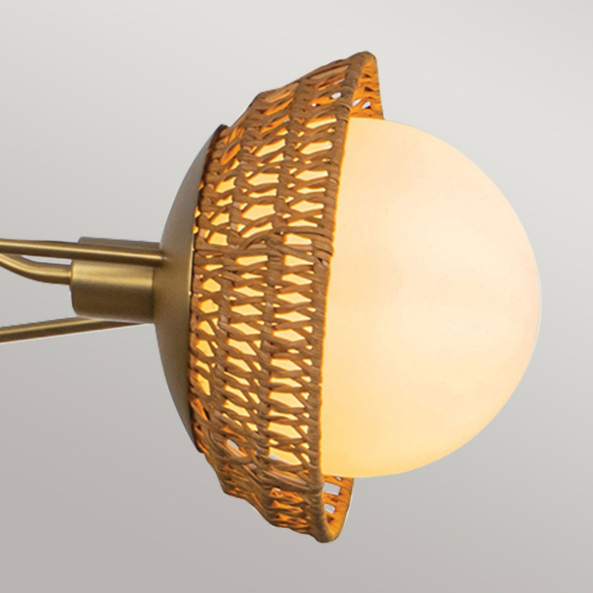 Perth Three Light Chandelier in Brushed Gold with Opal Glass Diffusers and Rattan Detailing