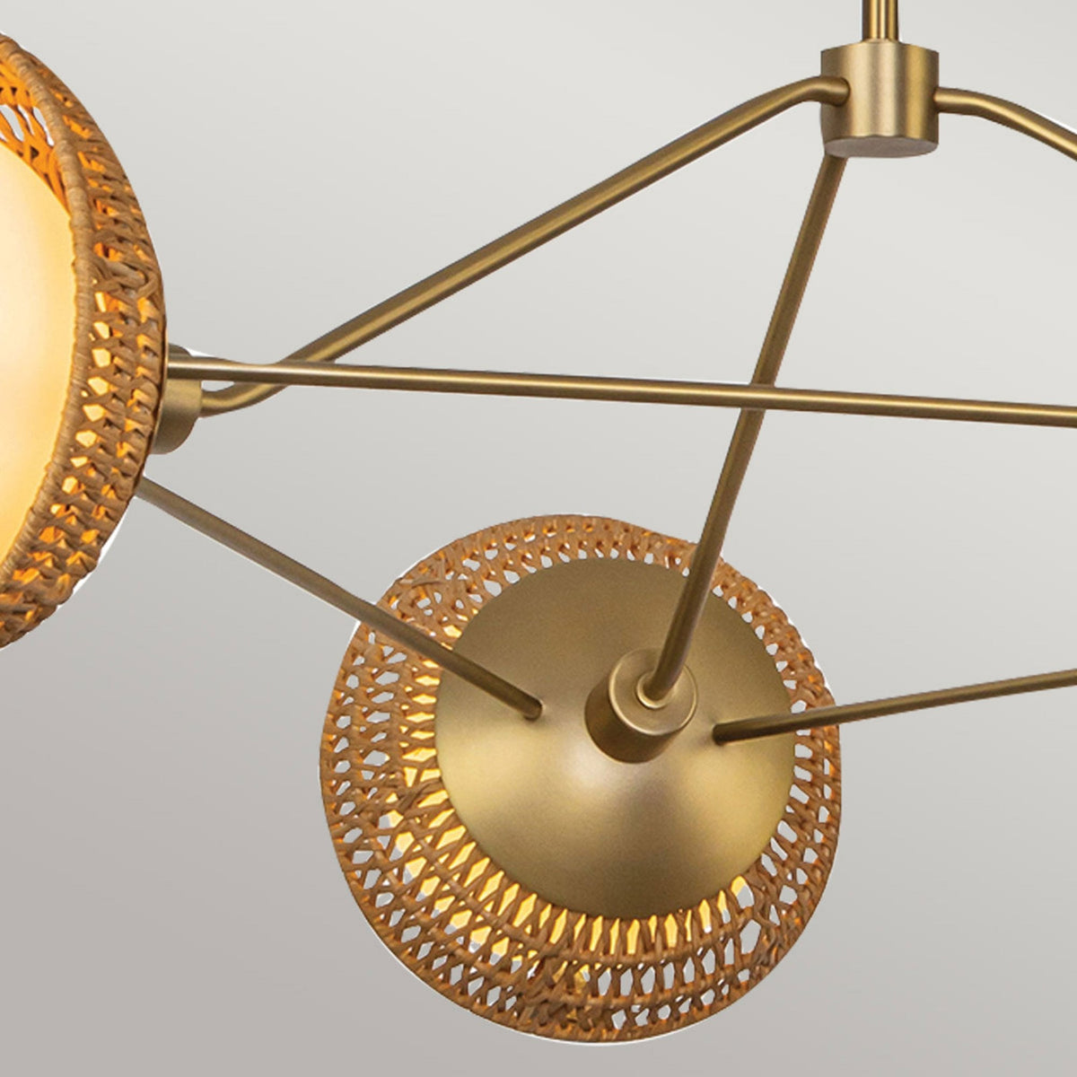 Perth Three Light Chandelier in Brushed Gold with Opal Glass Diffusers and Rattan Detailing