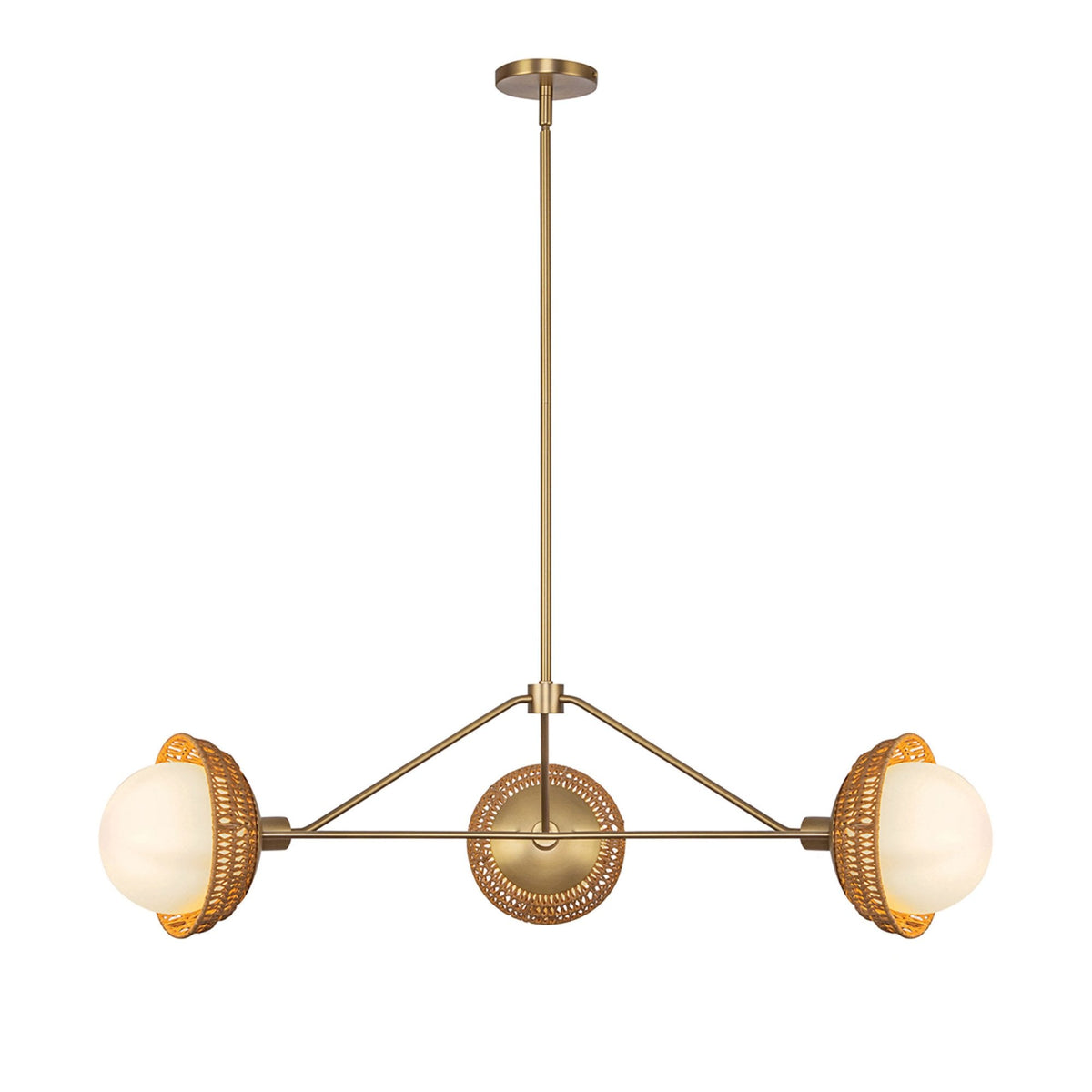 Perth Three Light Chandelier in Brushed Gold with Opal Glass Diffusers and Rattan Detailing