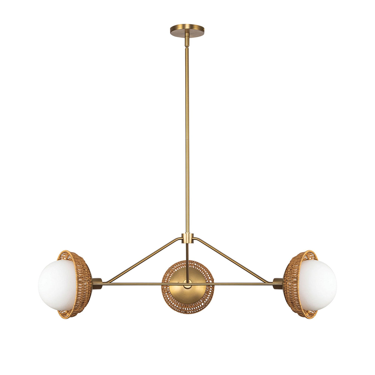 Perth Three Light Chandelier in Brushed Gold with Opal Glass Diffusers and Rattan Detailing