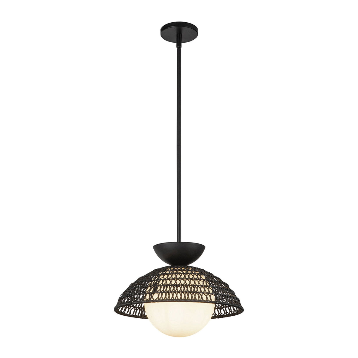 Perth Single Drop Pendant in Matte Black with Opal Glass Diffuser and Rattan Detailing